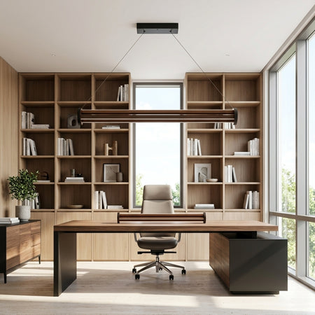 EnzoLight Arya 3'lü Lineer LED Sarkıt Avize - Çalışma Masası ve Home Office Perspektif Mimari Yerleşiminde Gündüz Doğal Gün Işığında Tavana Montaj Görünümü