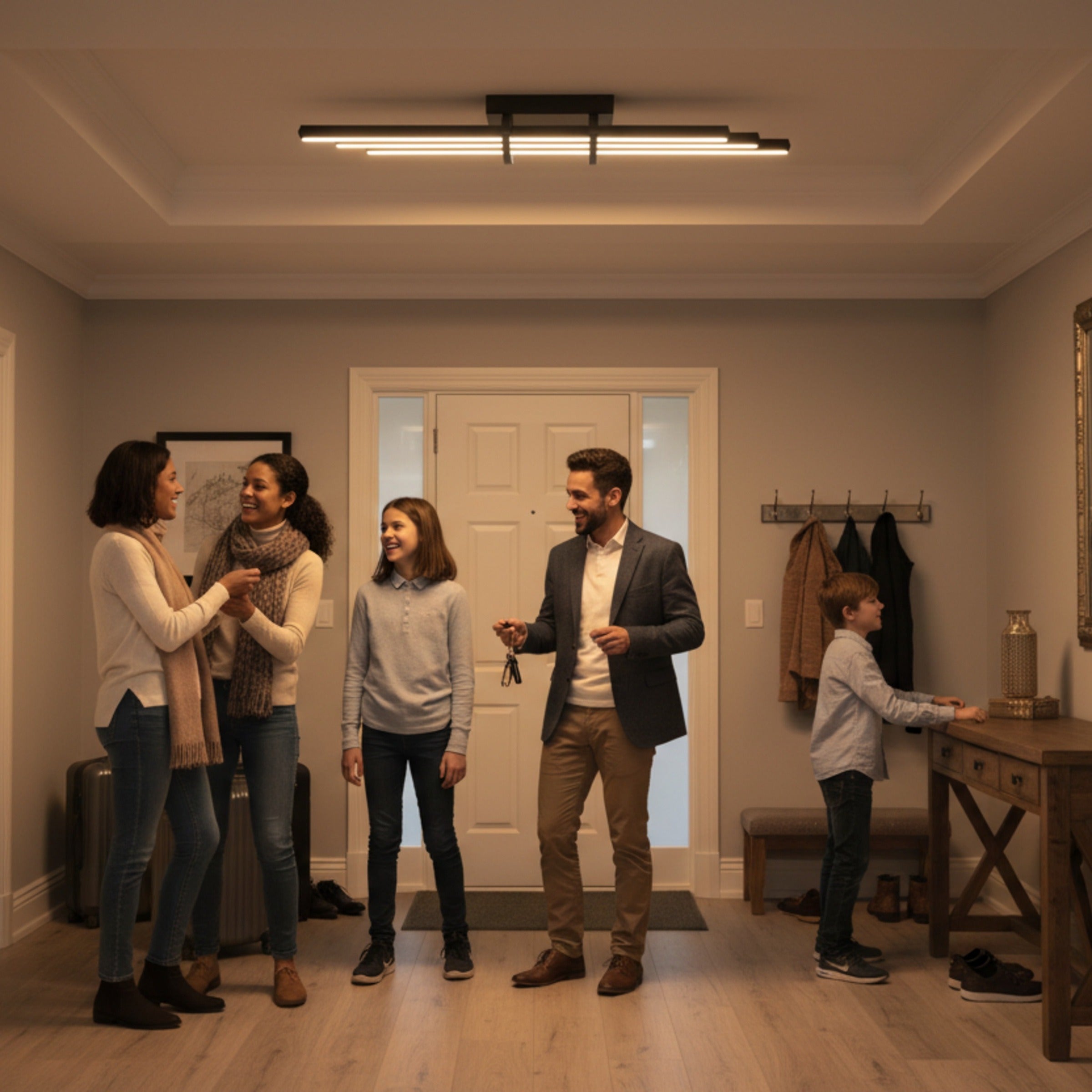 Modern iç mekan antre girişinde Cosmo lineer plafonyer ile aydınlatılmış mutlu aile