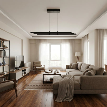 EnzoLight Cosmo Up&Down Lineer LED Sarkıt Avize - Lüks Salon ve Oturma Odası Çağdaş İç Mimari Tasarımında Gündüz Doğal Gün Işığında Tavana Montaj Görünümü