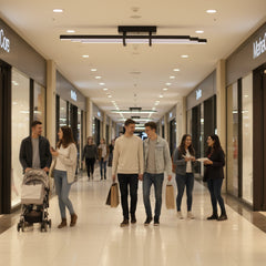 AVM koridorunda yürüyen insanlar üzerinde lüks Cosmo Downlight Plafonyer aydınlatma armatürü.