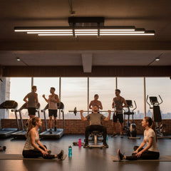 Modern spor salonu tavanında şık ve güçlü ışık sunan Cosmo Downlight üçlü lineer aydınlatma armatürü.