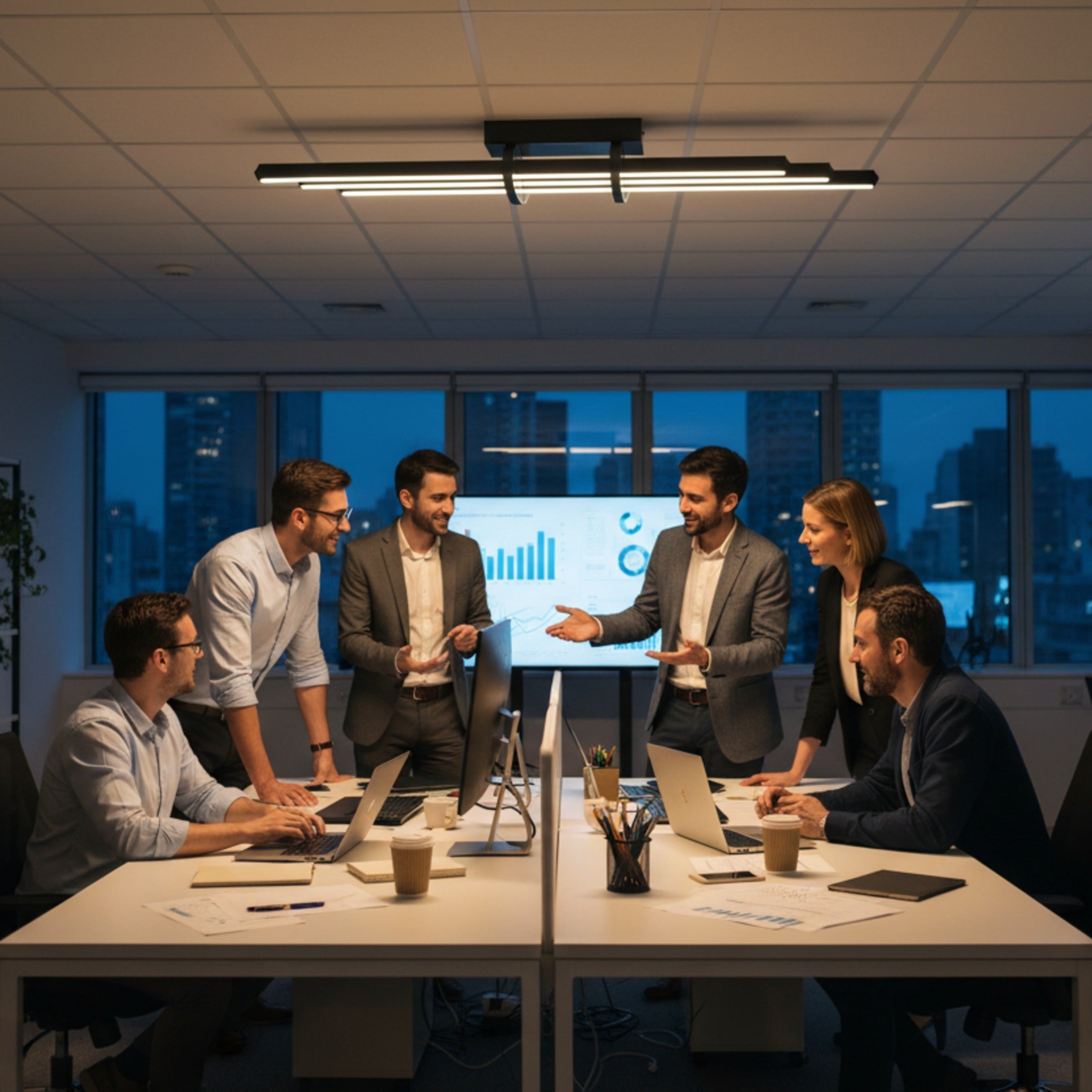 Modern toplantı masası üzerinde lüks Cosmo up&down ofis aydınlatması.