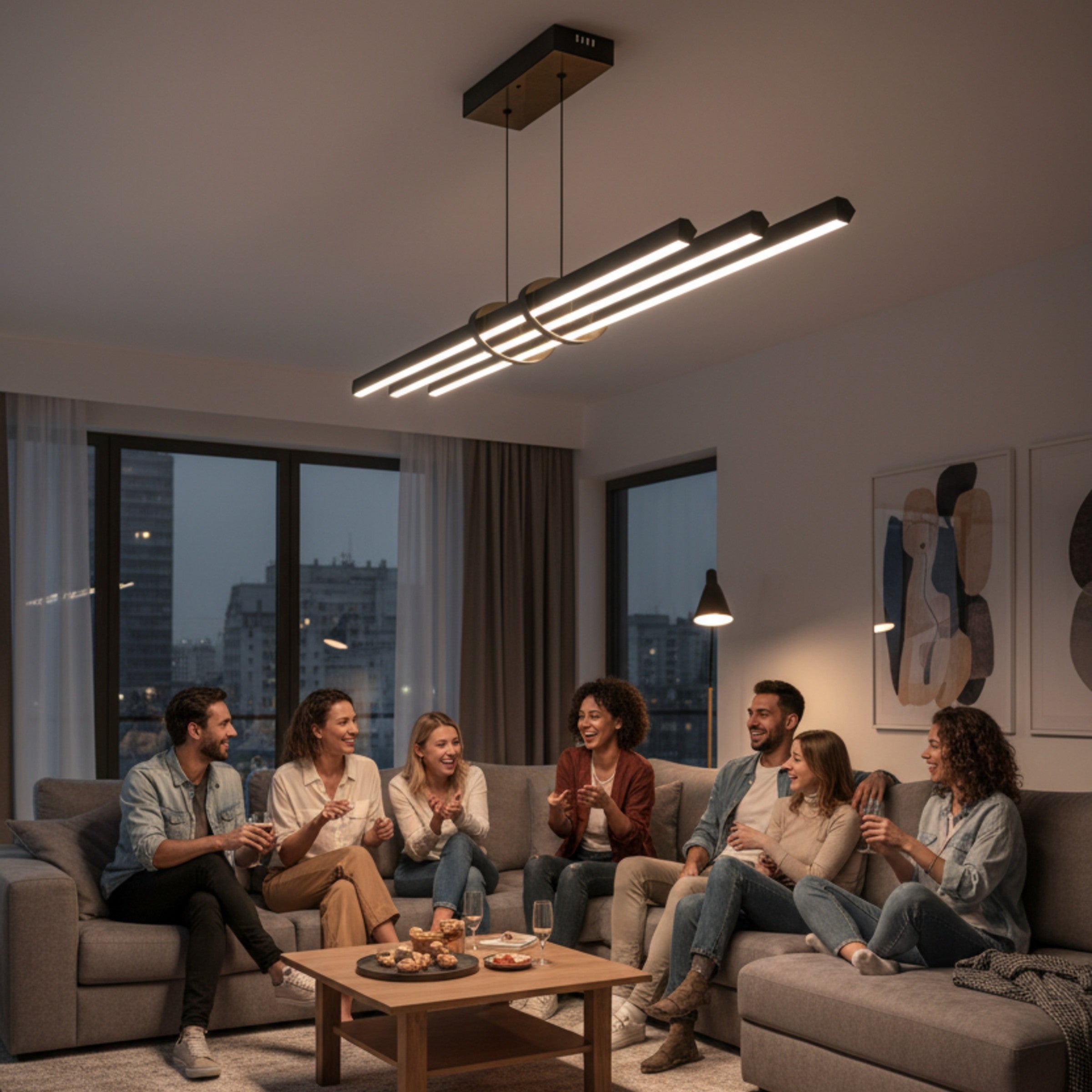 Modern salon koltuk takımı üzerinde konumlanan siyah lineer Cosmo sarkıt avize.