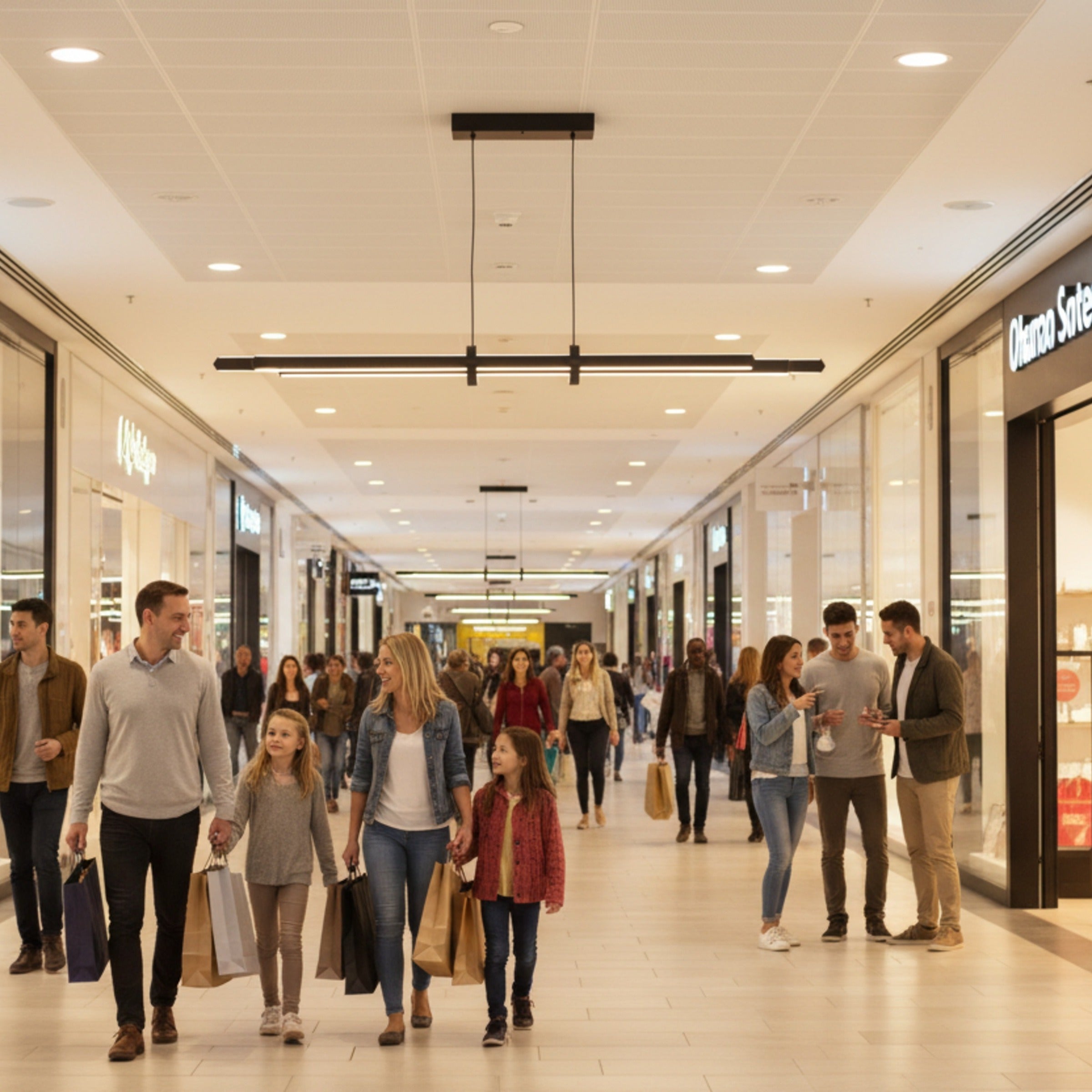 Modern alışveriş merkezi koridorunda Cosmo Up & Down çift yönlü sarkıt aydınlatma sistemleri