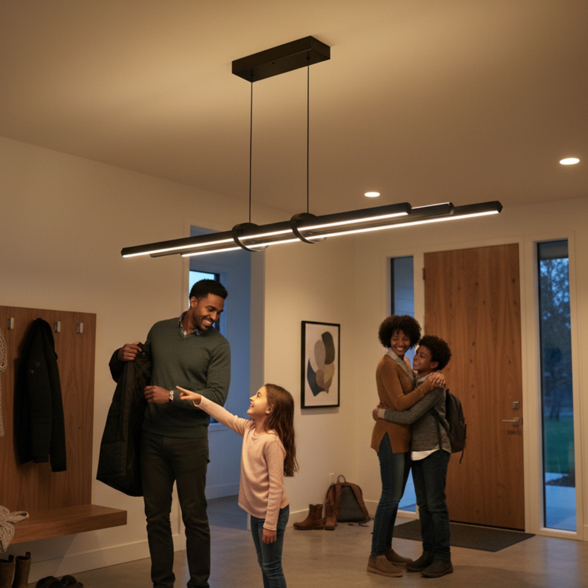 Lüks bir antre girişinde Cosmo Up Down siyah LED sarkıtın yarattığı sıcak ve premium atmosferde aile fertleri.