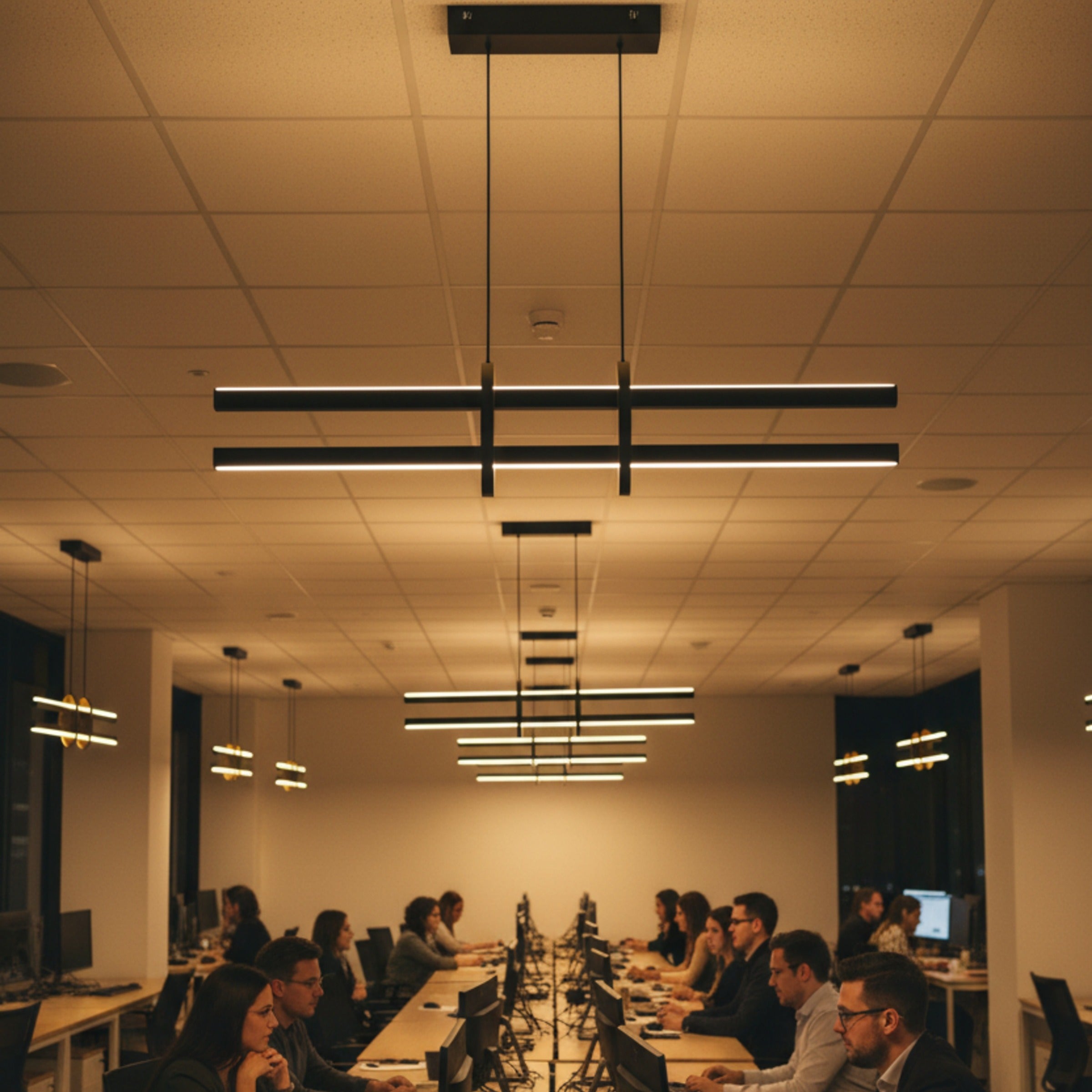 Modern ofis ortamında çalışanlar için ideal Halo çift lineer sarkıt avize aydınlatma tasarımı