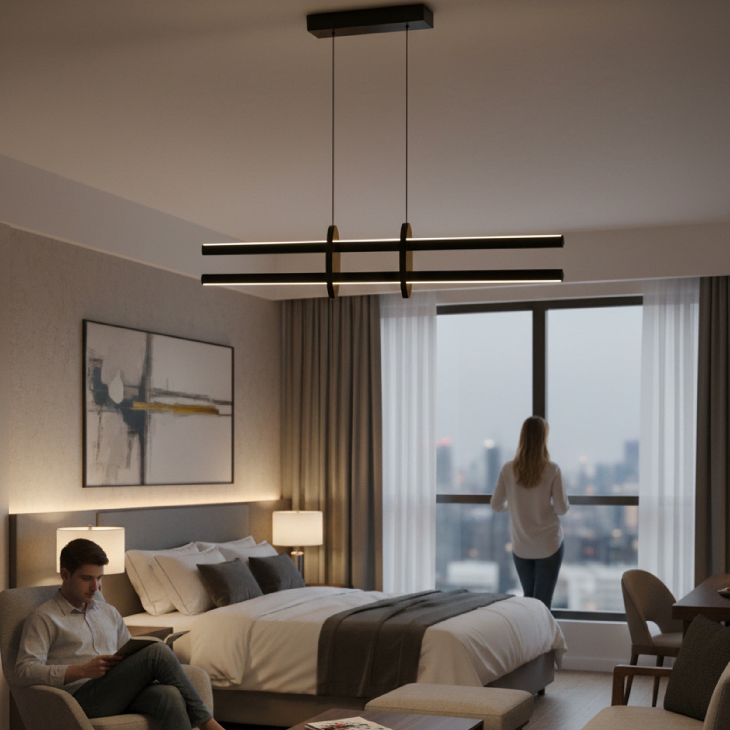 Halo Modern Lineer LED Sarkıt Avize lüks otel yatak odasında çift katmanlı aydınlatma sunuyor