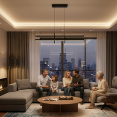 Halo modern lineer led avize salon dekorasyonunda akşam atmosferi.