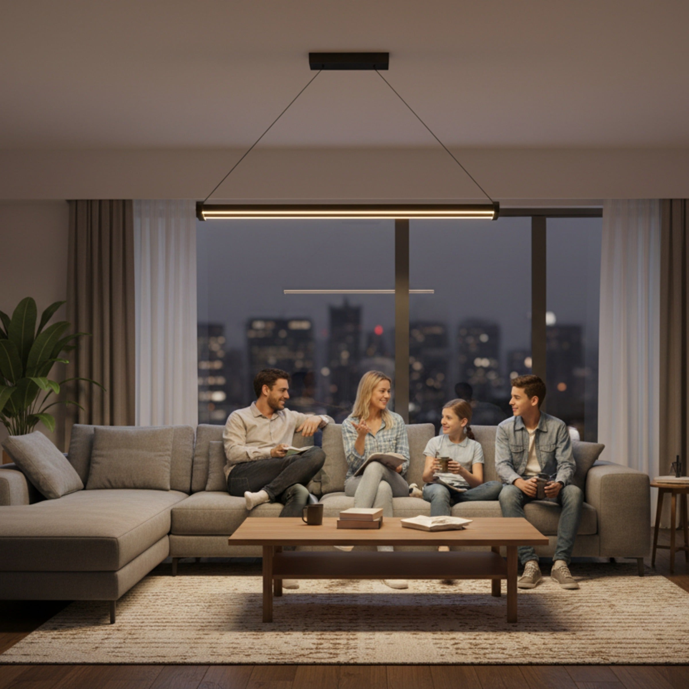 Salon oturma grubunda Mira modern lineer LED sarkıt avize altında sohbet eden aile.