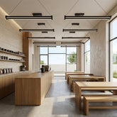 EnzoLight Mira Lineer LED Sarkıt Avize - Cafe, Bar ve Restoran Masası Minimalist Yaşam Konseptinde Gündüz Doğal Gün Işığında Tavana Montaj Görünümü