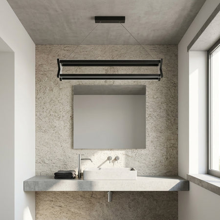 EnzoLight Model X Lineer LED Sarkıt Avize - Banyo ve Tuvalet Alanı Modern Mimari Çizgilerle Gündüz Doğal Gün Işığında Tavana Montaj Görünümü