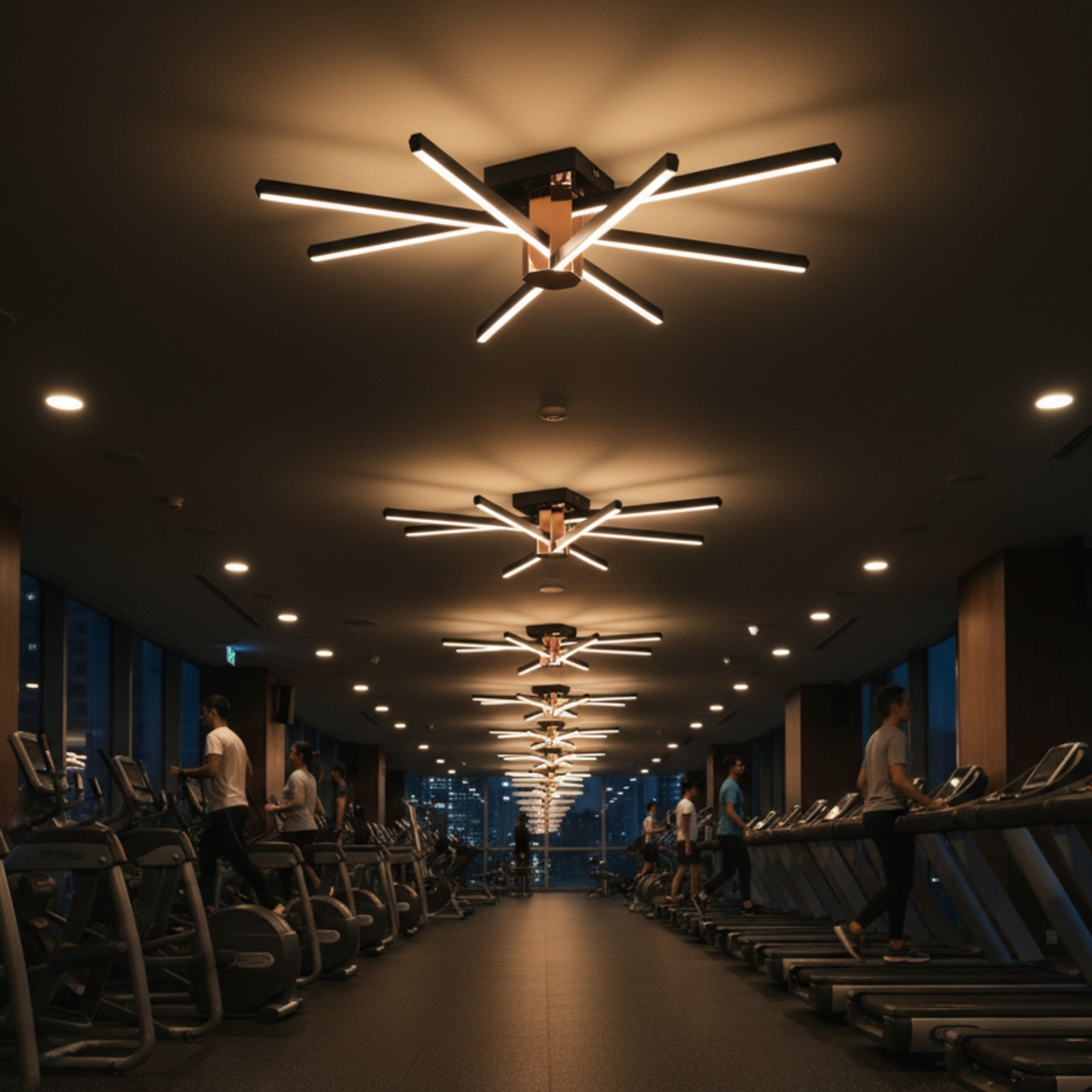Profesyonel spor salonu tavanında sıralı Nova Eight led aydınlatma armatürleri.