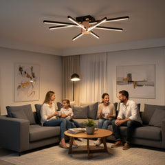Modern salon dekorasyonunda geniş koltuğa eşlik eden Nova Eight 8 kollu ultra güçlü LED avize.