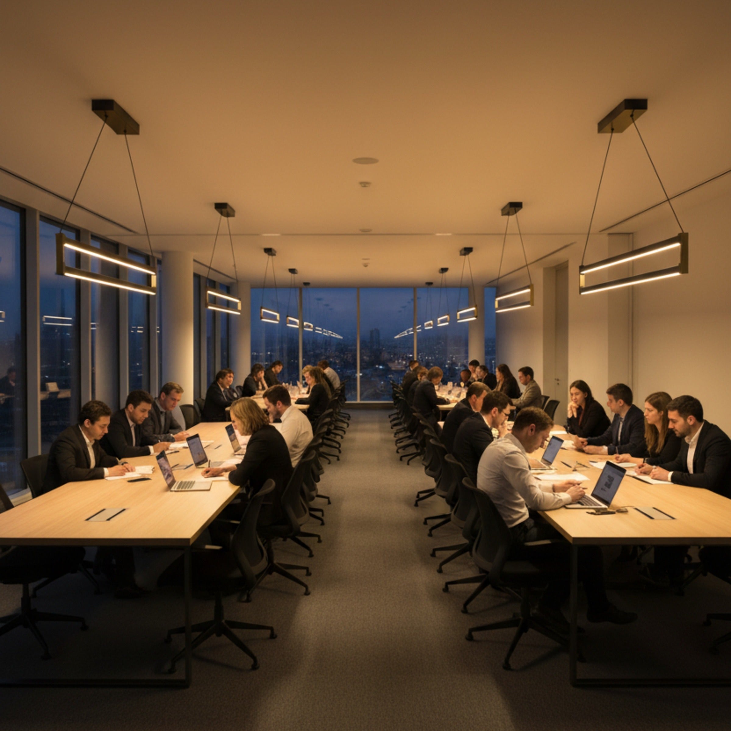 Kurumsal ofis toplantı odasında simetrik düzende asılmış Orion lineer led sarkıt aydınlatmalar