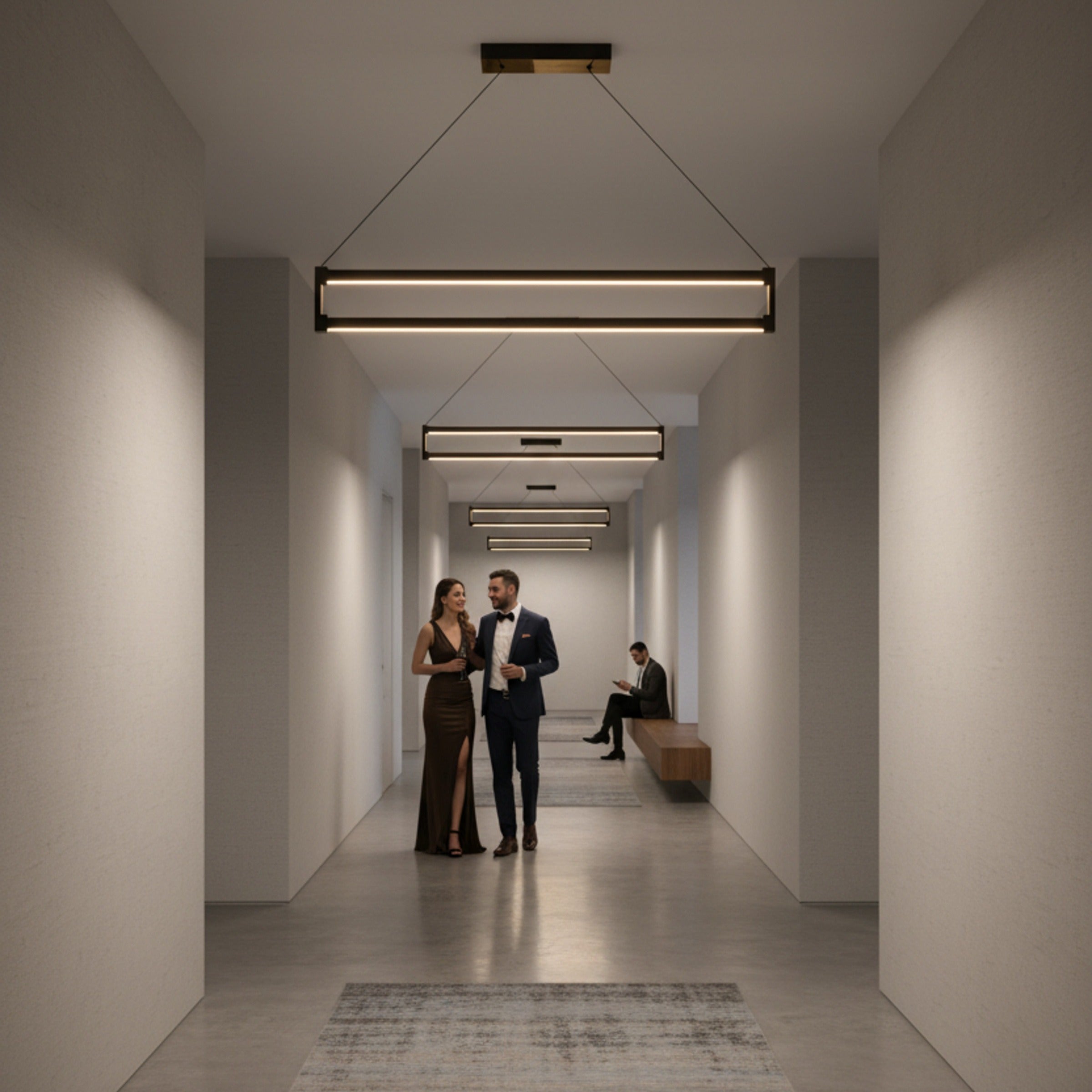 Lüks bir otel koridorunda sıralanmış birden fazla Orion lineer led sarkıt avize ile yaratılan mimari aydınlatma