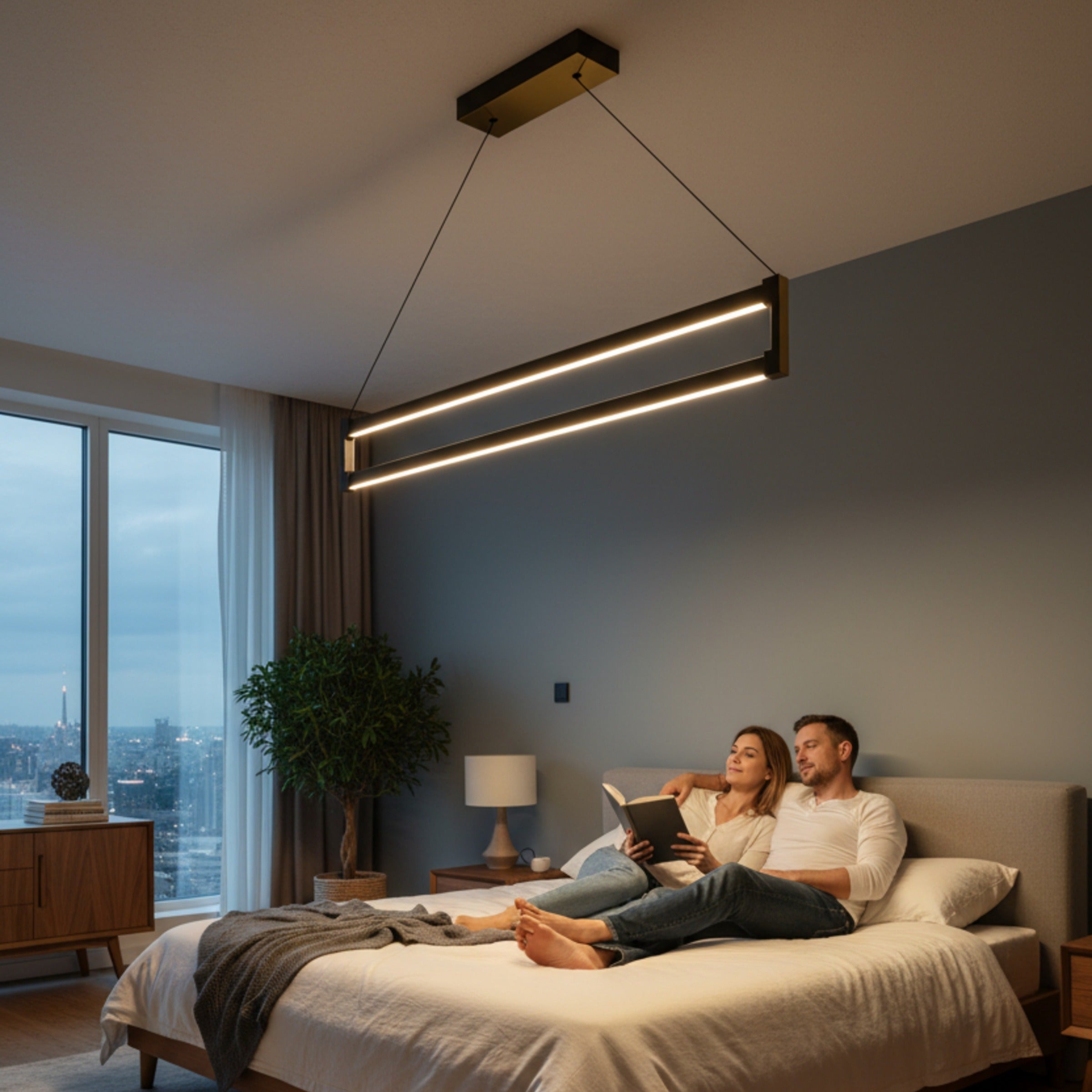 Modern yatak odası tasarımında şık ve fonksiyonel aydınlatma sunan Orion lineer led avize modeli
