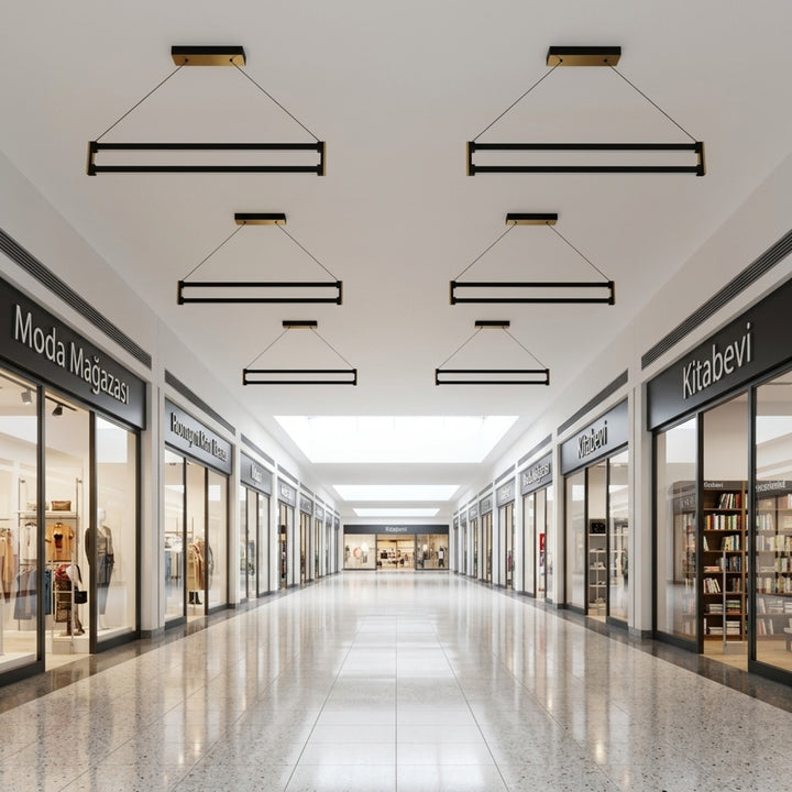 EnzoLight Orion Down Lineer LED Sarkıt Avize - Ticari Mekan ve Geniş Alan Minimalist Yaşam Konseptinde Gündüz Doğal Gün Işığında Tavana Montaj Görünümü