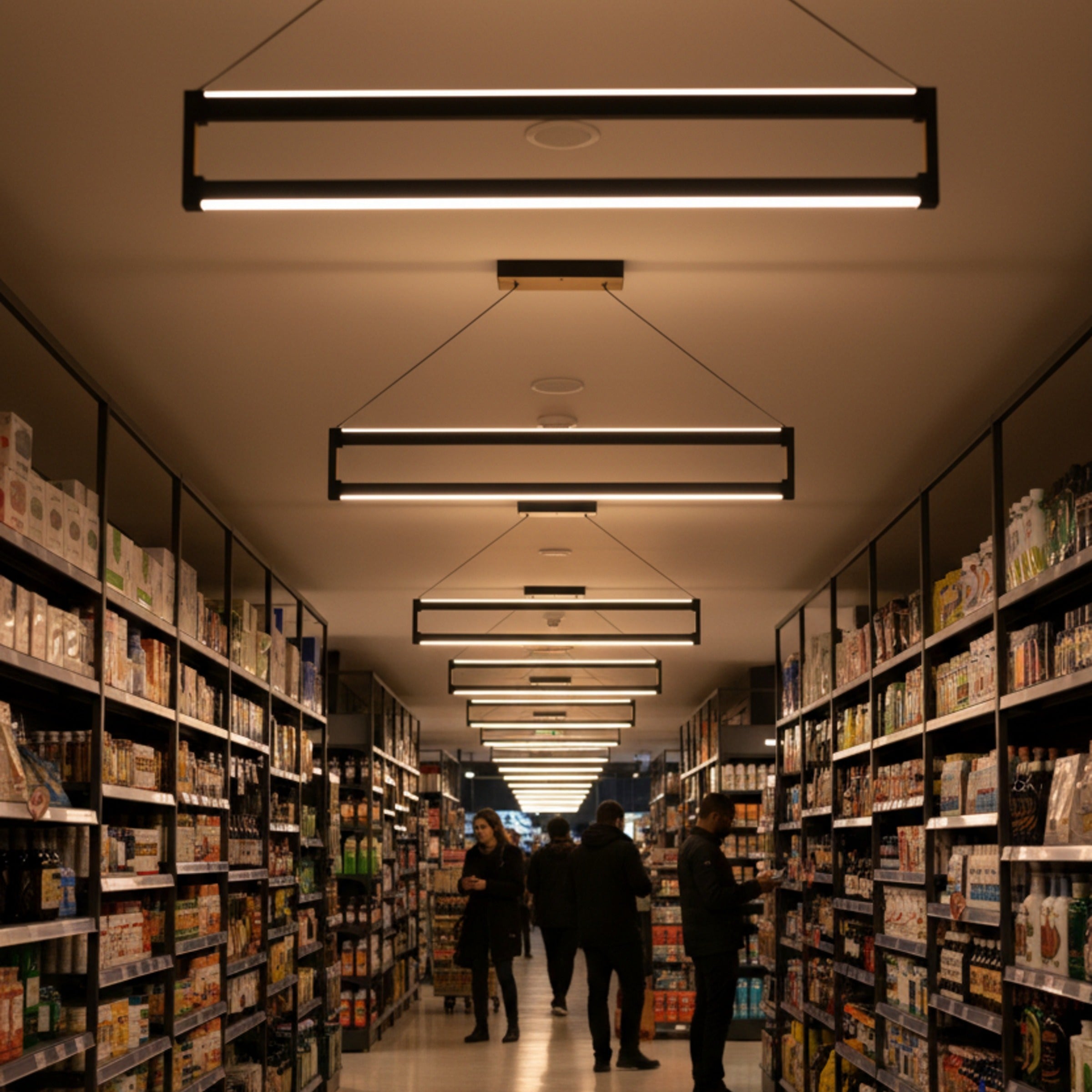 Market koridoru rafları arasında hizada asılı Orion modern lineer LED sarkıt avizelerle homojen aydınlatma.