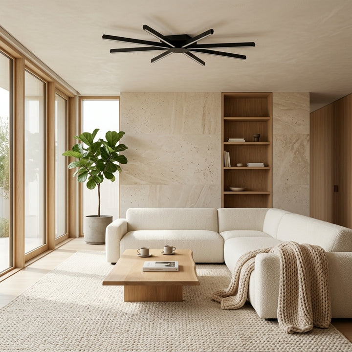 EnzoLight Pulsar Modern LED Tavan Avize Plafonyer - Lüks Salon ve Oturma Odası Minimalist Yaşam Konseptinde Gündüz Doğal Gün Işığında Tavana Montaj Görünümü