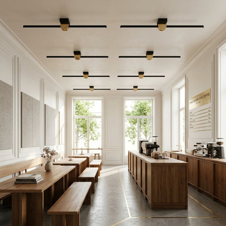 EnzoLight UnoP 120cm Modern Lineer LED Tavan Avize Plafonyer - Cafe, Restoran ve Yeme-İçme Mekanı Avrupa Tarzı İç Mimari Çizgilerle Gündüz Doğal Gün Işığında Tavana Sıfır Montaj Görünümü
