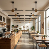 EnzoLight UnoS Lineer LED Sarkıt Avize - Cafe, Bar ve Restoran Masası Gündüz Doğal Gün Işığında Tavana Montaj Görünümü