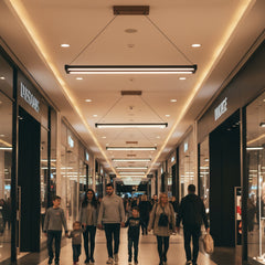 AVM koridorunda sıralanmış Vega serisi siyah lineer sarkıt aydınlatma modelleri altında yürüyen insanlar