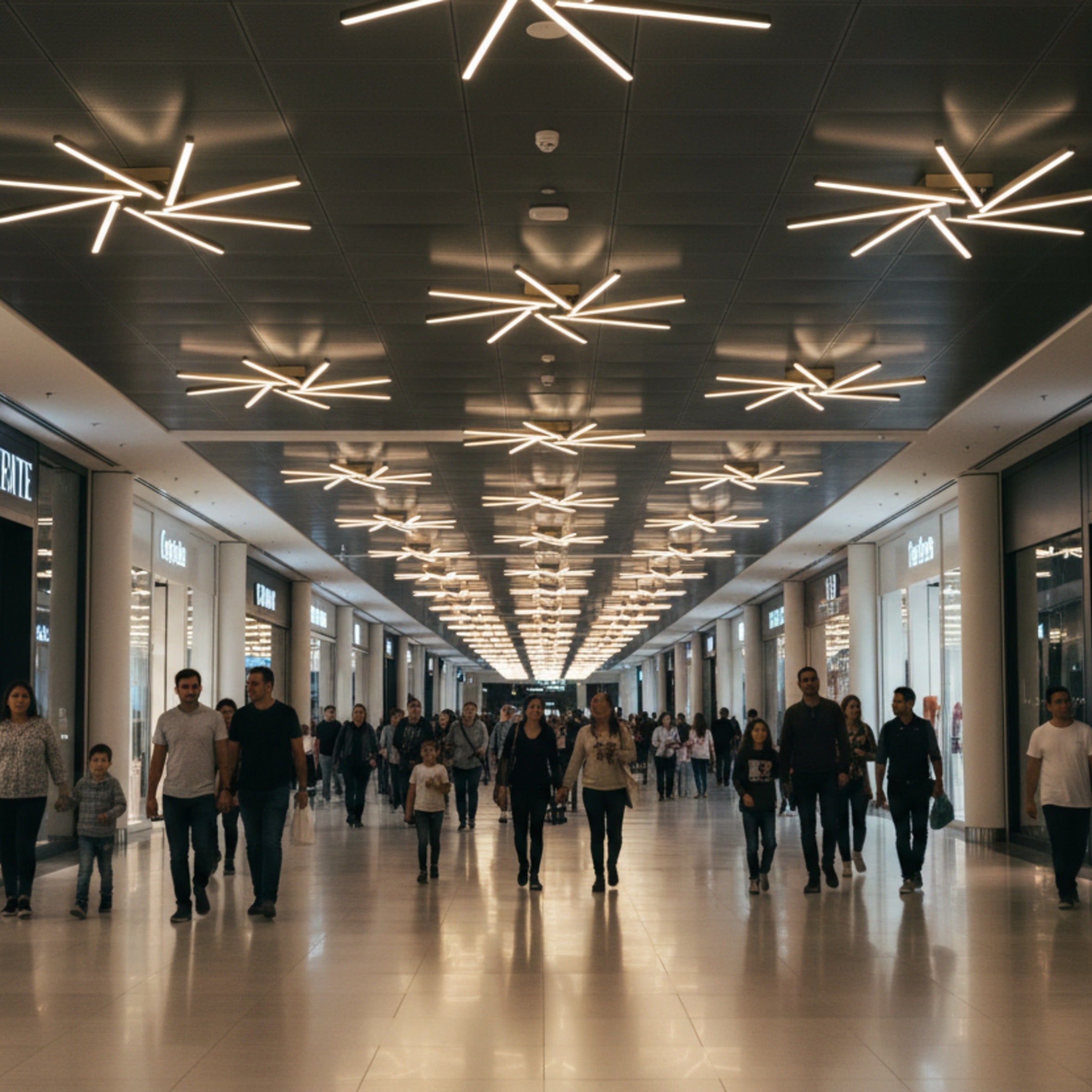 Geniş bir alışveriş merkezi koridorunda tavanı süsleyen çok sayıda Zenit modern LED avize ve yarattığı aydınlık atmosfer.