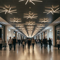 Geniş bir alışveriş merkezi koridorunda tavanı süsleyen çok sayıda Zenit modern LED avize ve yarattığı aydınlık atmosfer.