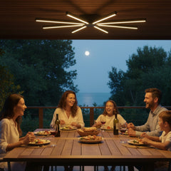 Veranda ve kapalı dış mekan yemek alanlarında modern tarz sunan Pulsar tavan armatürü.