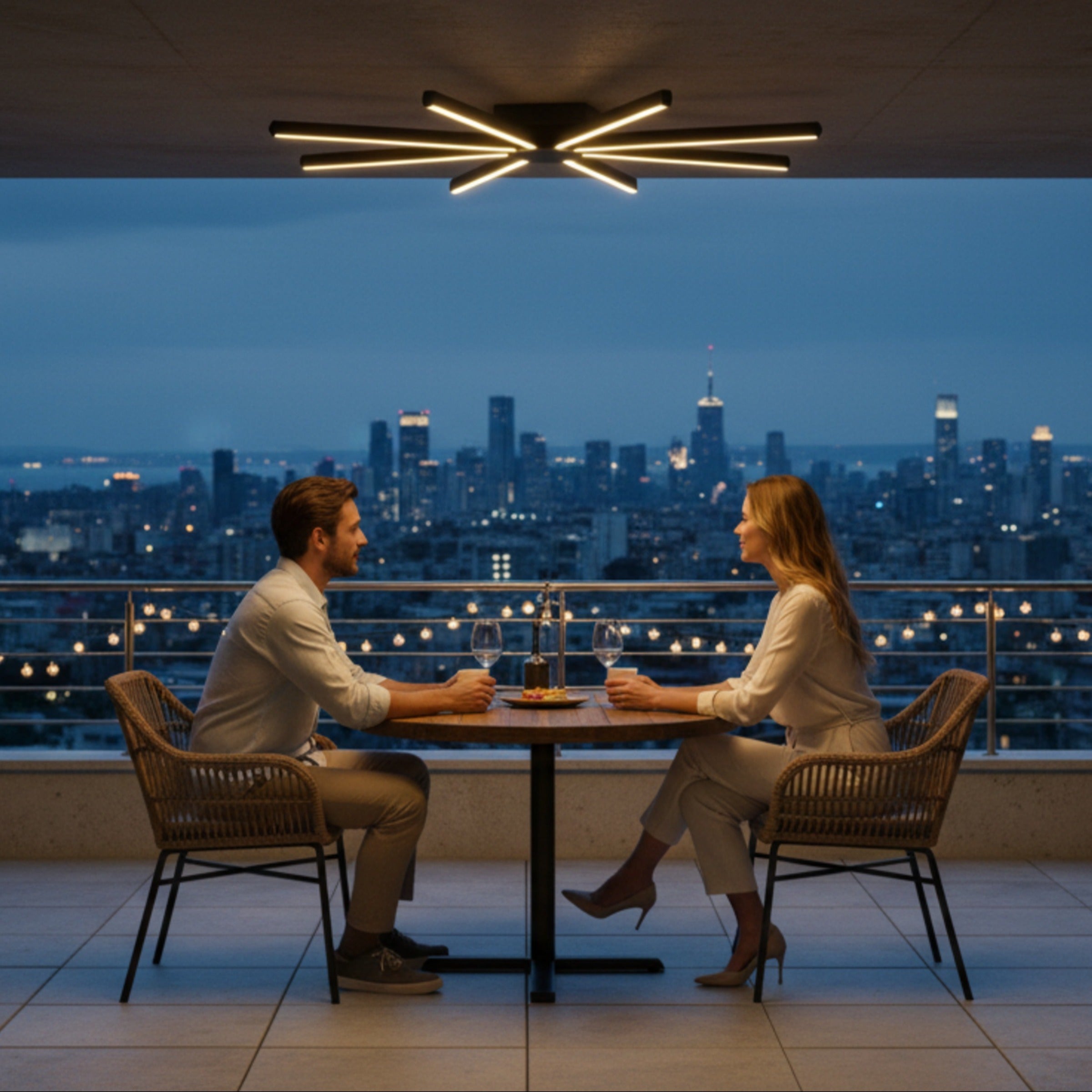Şehir manzaralı bir terasta romantik bir akşam yemeği için Pulsar modern LED avize.