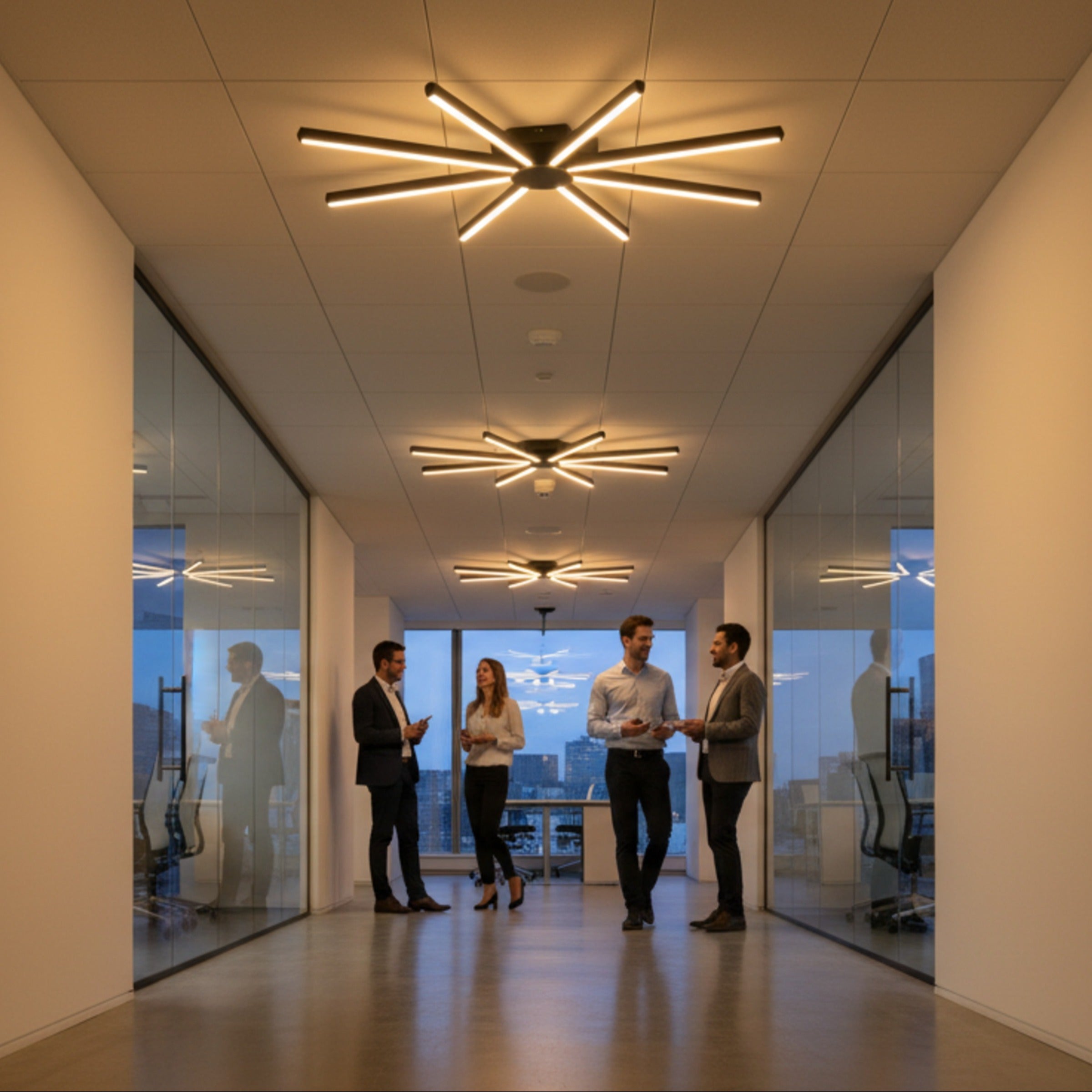 Kurumsal modern iç mekan koridorunda mimari aydınlatma sağlayan Pulsar LED tavan armatürü.