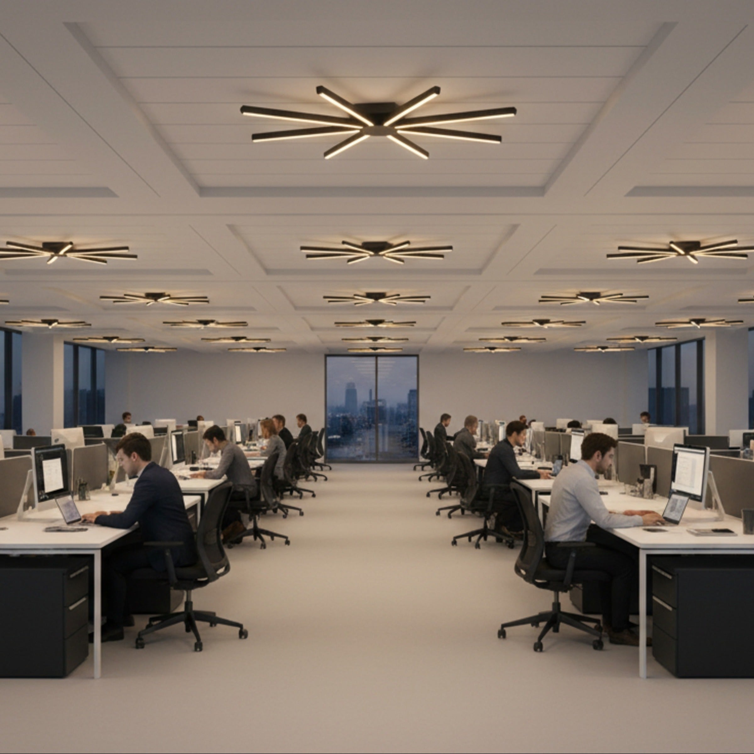 Geniş çalışma alanlarında göz yormayan Pulsar modern LED tavan aydınlatma çözümleri.