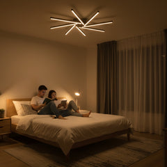 Zenit modern led tavan avizesi modern iç mekan yatak odasında yatağın üzerinde ışık saçıyor.