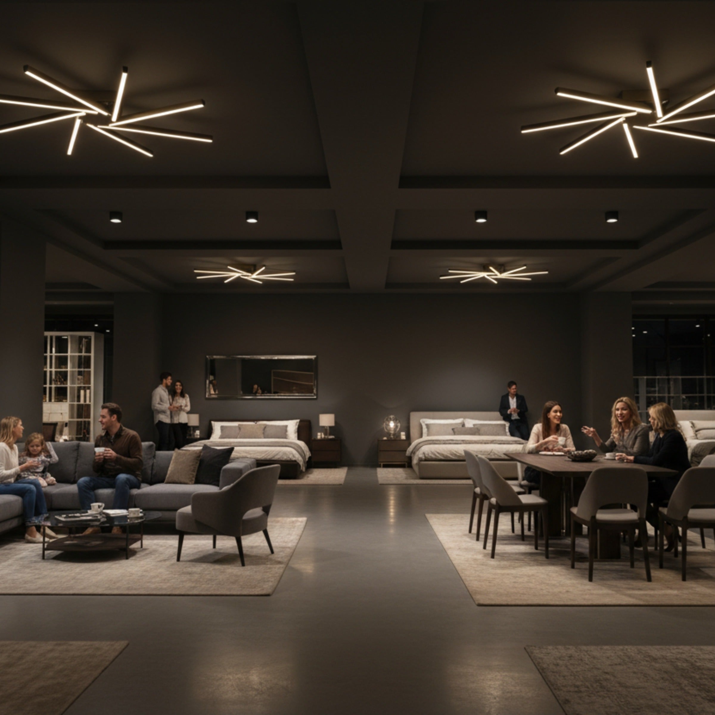Lüks mobilya showroom tavanında Zenit modern 8 kollu siyah LED avize kompozisyonu.