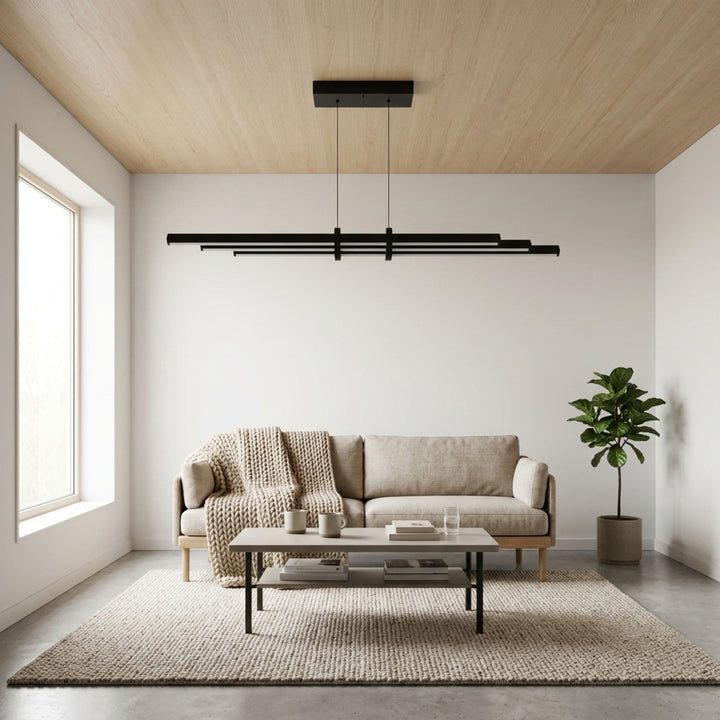 EnzoLight Cosmo Downlight Lineer LED Sarkıt Avize - Lüks Salon ve Oturma Odası İskandinav Sade Çizgilerle Gündüz Doğal Gün Işığında Tavana Montaj Görünümü