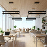 EnzoLight Model X Lineer LED Sarkıt Avize - Modern Ofis ve Çalışma Alanı İskandinav Sade Çizgilerle Gündüz Doğal Gün Işığında Tavana Montaj Görünümü