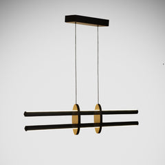 Modern iç mekanlarda odak noktası oluşturan çift katmanlı altın detaylı Halo lineer sarkıt avizenin zarif duruşu.