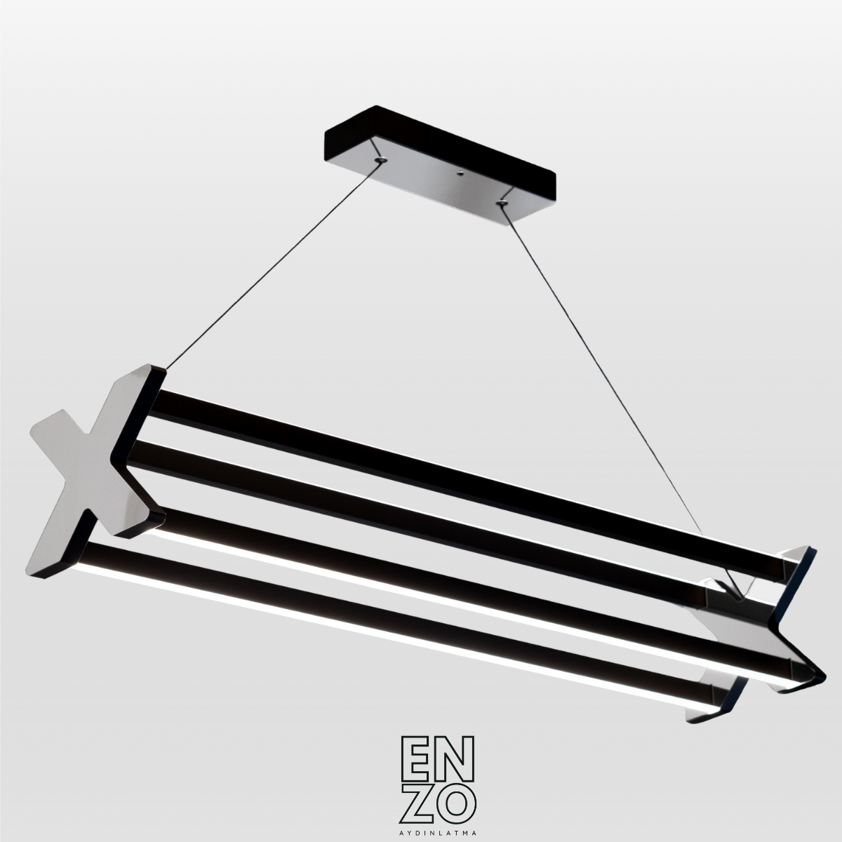 EnzoLight Model X: Benzersiz Form Lineer Sarkıt Avize Modern Lineer LED Sarkıt Avize - Modern Salon ve Yemek Masası Uygulama Görseli