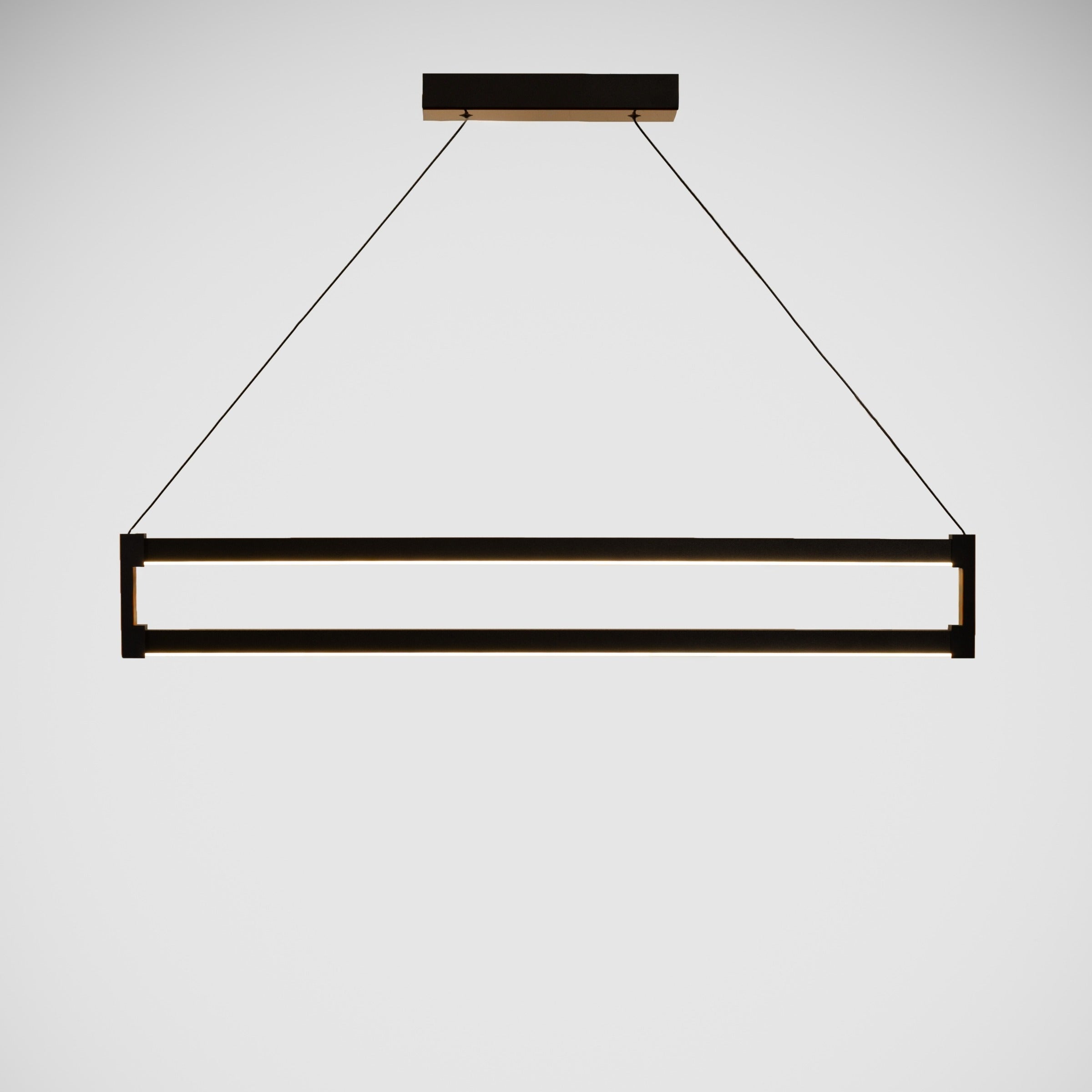 Yemek masası ve mutfak adası için ideal Orion lineer sarkıt lambanın karşıdan görünümü ve geometrik hatları.