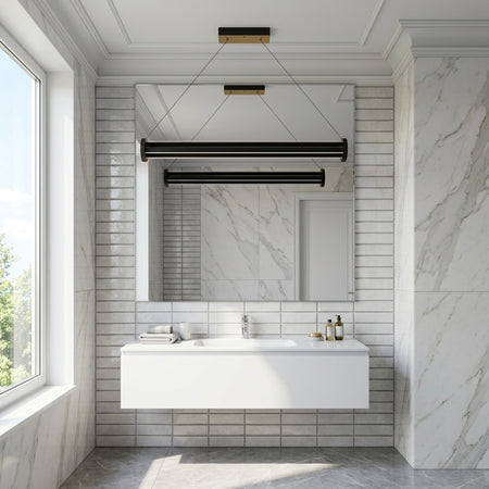 EnzoLight Arya 3'lü Lineer LED Sarkıt Avize - Banyo ve Lavabo Alanı Avrupa İç Mimari Stilinde Gündüz Doğal Gün Işığında Tavana Montaj Görünümü