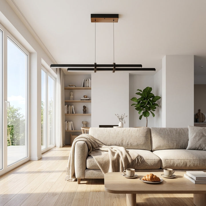 EnzoLight Cosmo Lineer LED Sarkıt Avize - Lüks Salon ve Oturma Odası İskandinav Sade Çizgilerle Gündüz Doğal Gün Işığında Tavana Montaj Görünümü