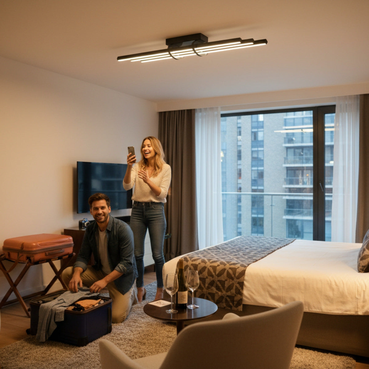 Modern iç mekan yatak odasında Cosmo downlight plafonyer ile sağlanan sıcak ve lüks aydınlatma atmosferi.