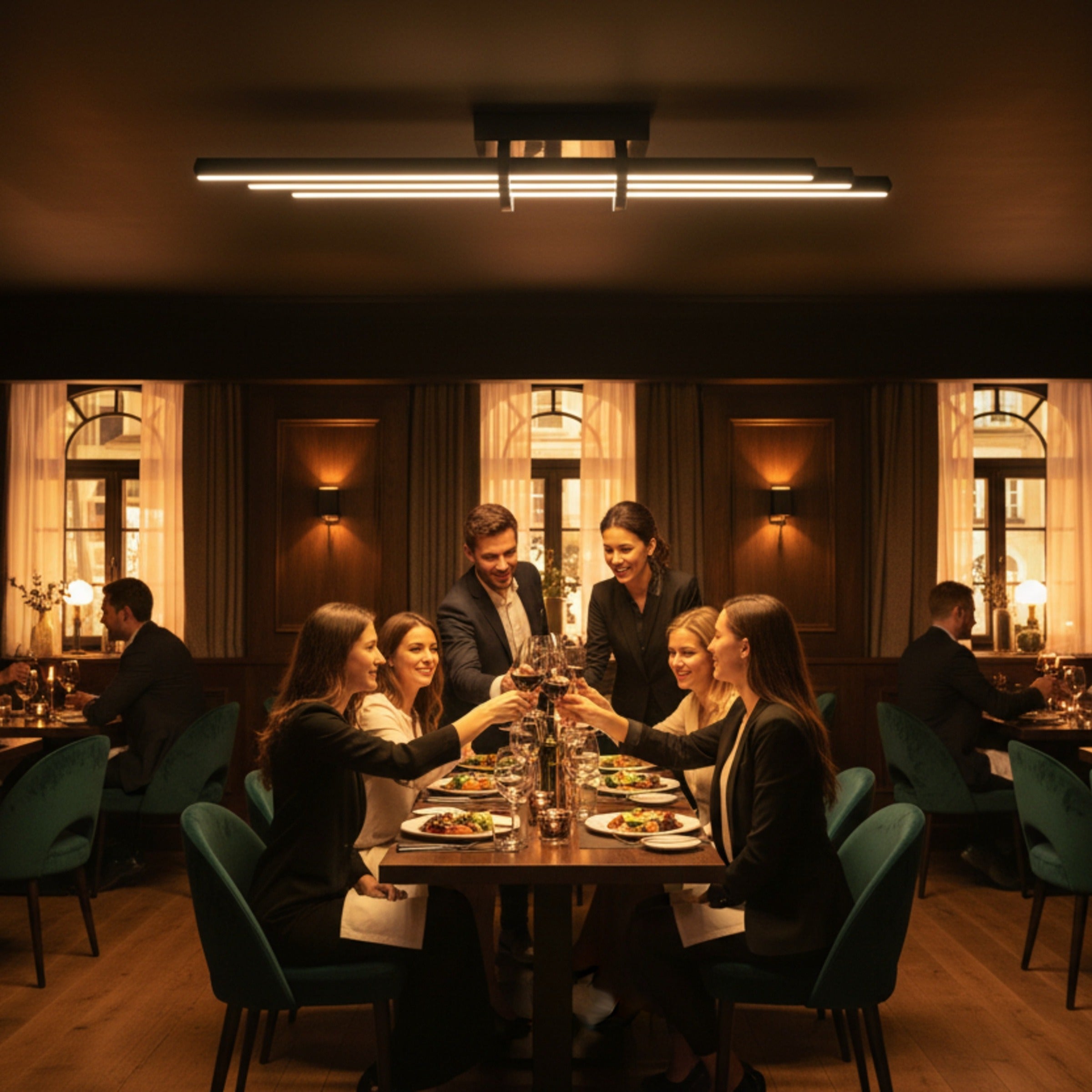 Şık bir restoranda akşam yemeği yiyen topluluk için tasarlanan modern Cosmo tavan aydınlatma armatürü.