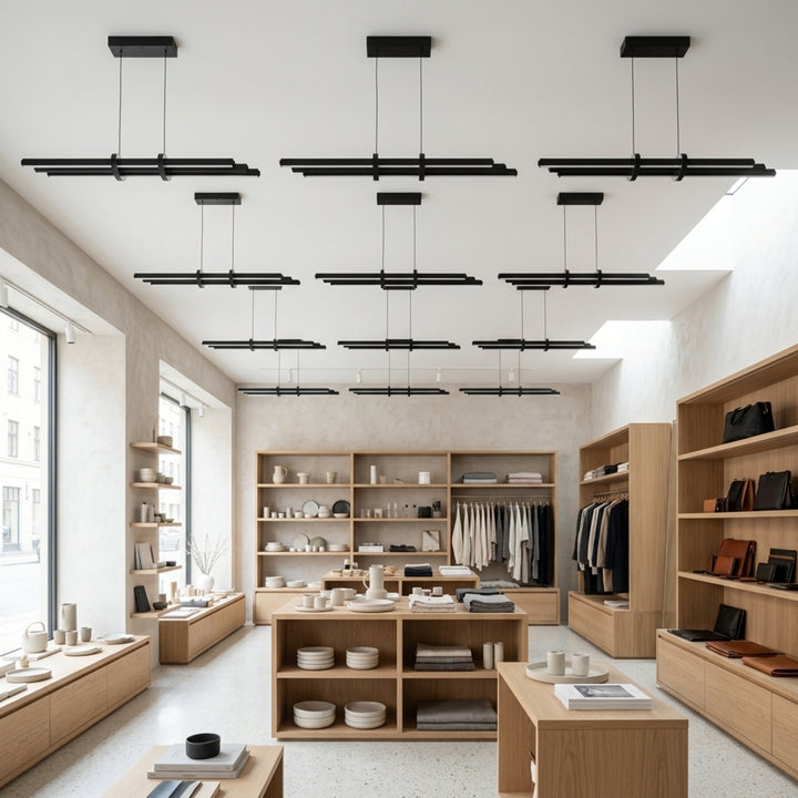 EnzoLight Cosmo Up&Down Lineer LED Sarkıt Avize - Mağaza ve Showroom Tavanı İskandinav Sade Çizgilerle Gündüz Doğal Gün Işığında Tavana Montaj Görünümü