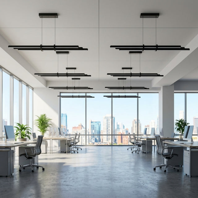 EnzoLight Cosmo Up&Down Lineer LED Sarkıt Avize - Modern Ofis ve Çalışma Alanı Minimalist Yaşam Konseptinde Gündüz Doğal Gün Işığında Tavana Montaj Görünümü