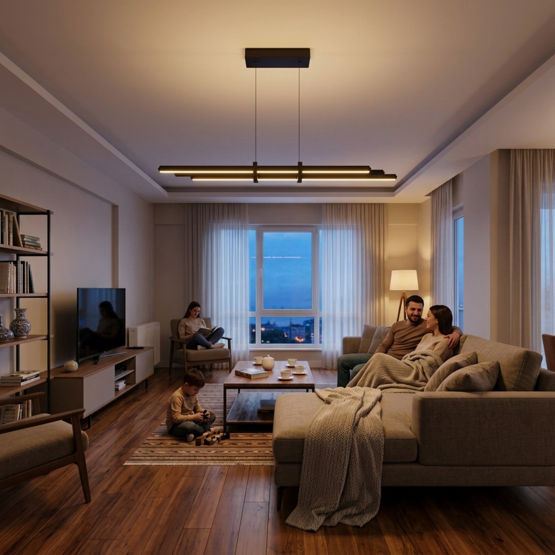EnzoLight Cosmo Up&Down Lineer LED Sarkıt Avize - Lüks Salon ve Oturma Odası Çağdaş İç Mimari Tasarımında Akşam Açık Işıkla Homojen Sıcak Aydınlatma Ambiyansı