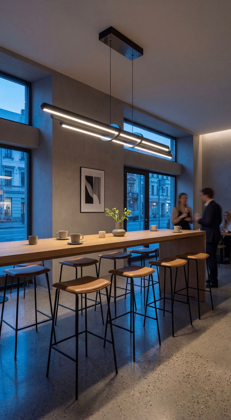 Modern iç mekan ka fe veya ofis orta mında yüksek bar masası üzerinde konum landırılmış lüks Cos mo Up & Down sarkıt aydınlat ma.