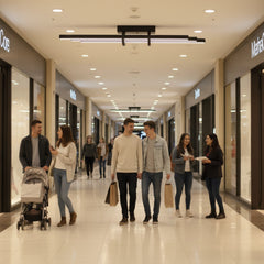 AVM koridorunda yürüyen insanlar üzerinde lüks Cosmo Downlight Plafonyer aydınlatma armatürü.