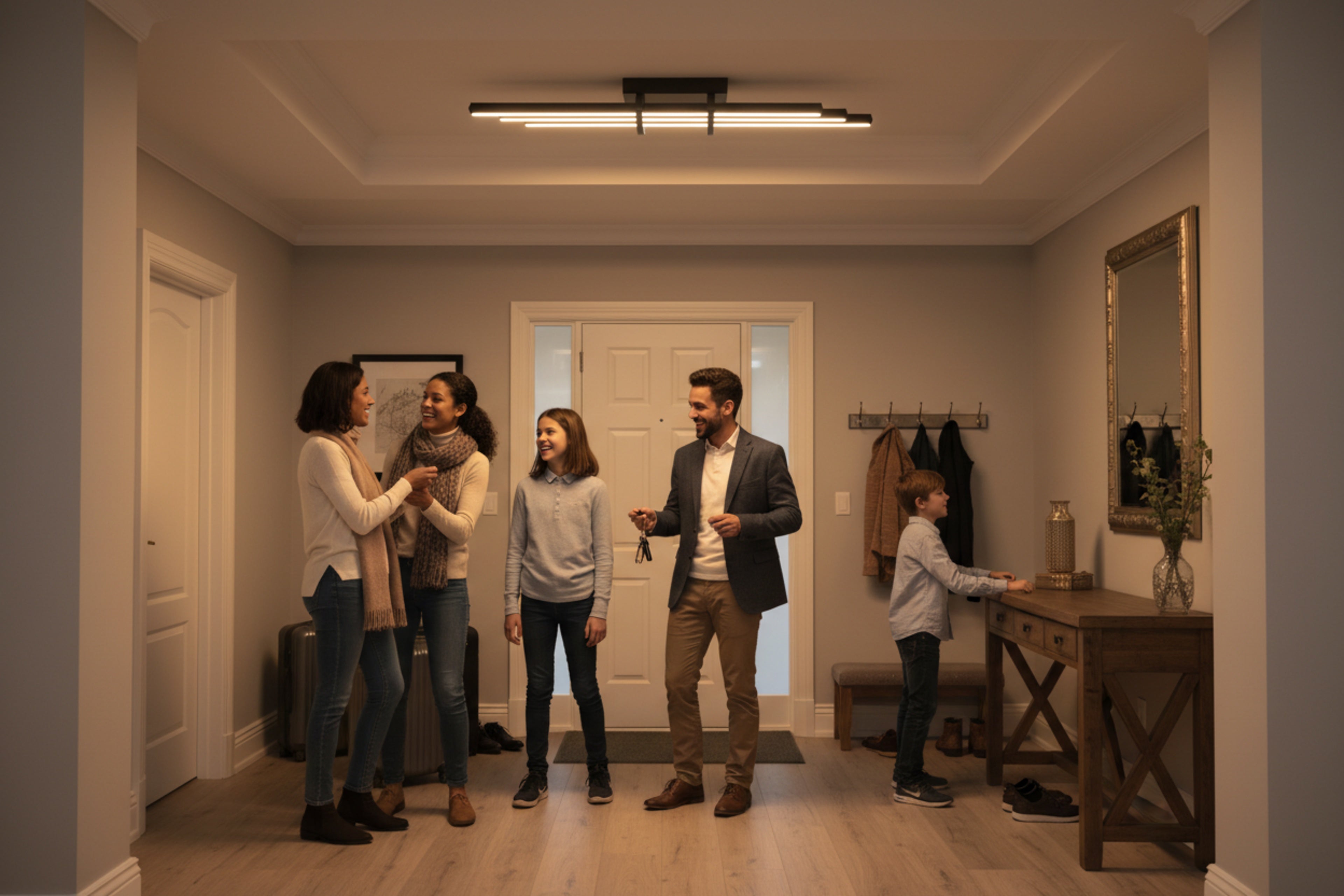 Modern iç mekan girişinde sıcak bir karşılama sunan Cosmo siyah lineer LED aydınlatma.