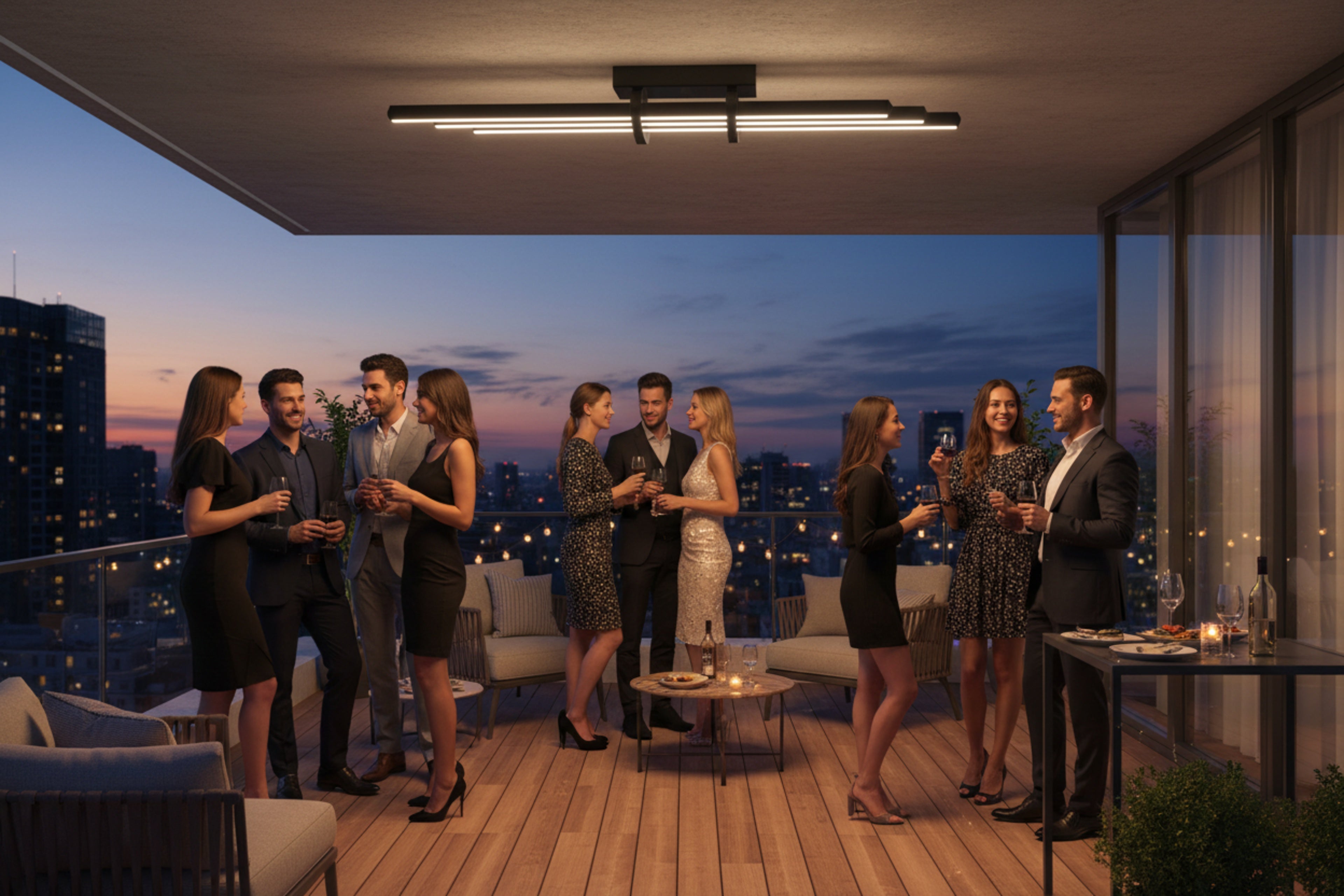 Lüks bir teras partisinde gece atmosferini zenginleştiren modern lineer tavan lambası.